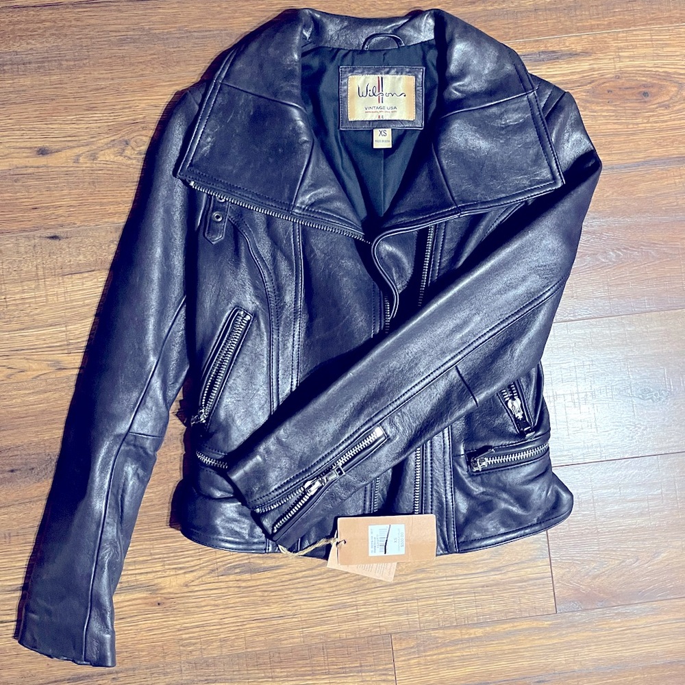 New With Tags ladies’ lamb skin motorcycle-style jacket in cobalt blue